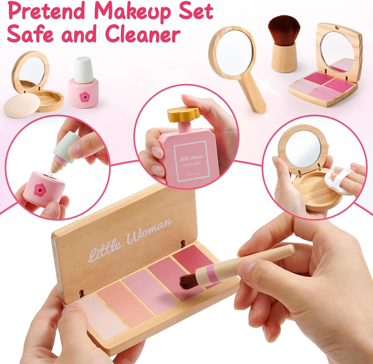 Lonico Wooden Makeup Toy Set for Girls Pretend Play Makeup Kit for Toddlers 3-5 with Eyeshadow/ Mascara/ Perfume/ Blush/ Mirror/ Bag, Birthday Gifts for Girls Toys Kids Aged 3 4 5 6 7 8